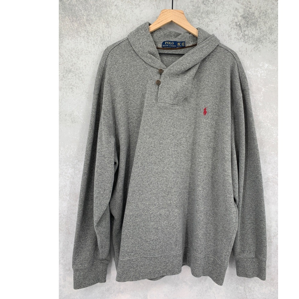 Polo Ralph Lauren Sweater Mens 2XLT Gray Shawl Collar Pullover Cotton Preppy